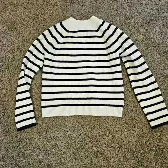 Studio B Brand Navy & White Striped Nautical Style Cardigan Sweater, Size Medium - Picture 5 of 5